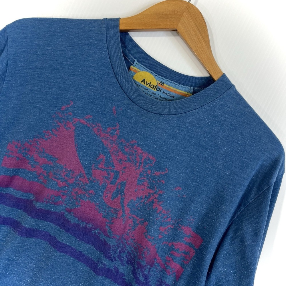 Aviator Nation Short Sleeve T-Shirt M Blue Surf Graphic Distressed *FLAW* READ*